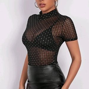 New black Mock neck Rhinestone Mesh Top